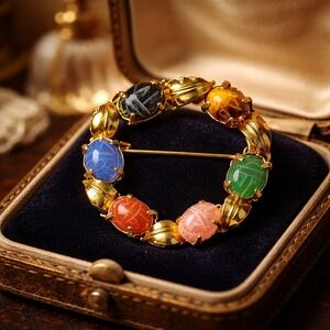Vintage Gold-Filled Scarab Gemstones Circle Brooch